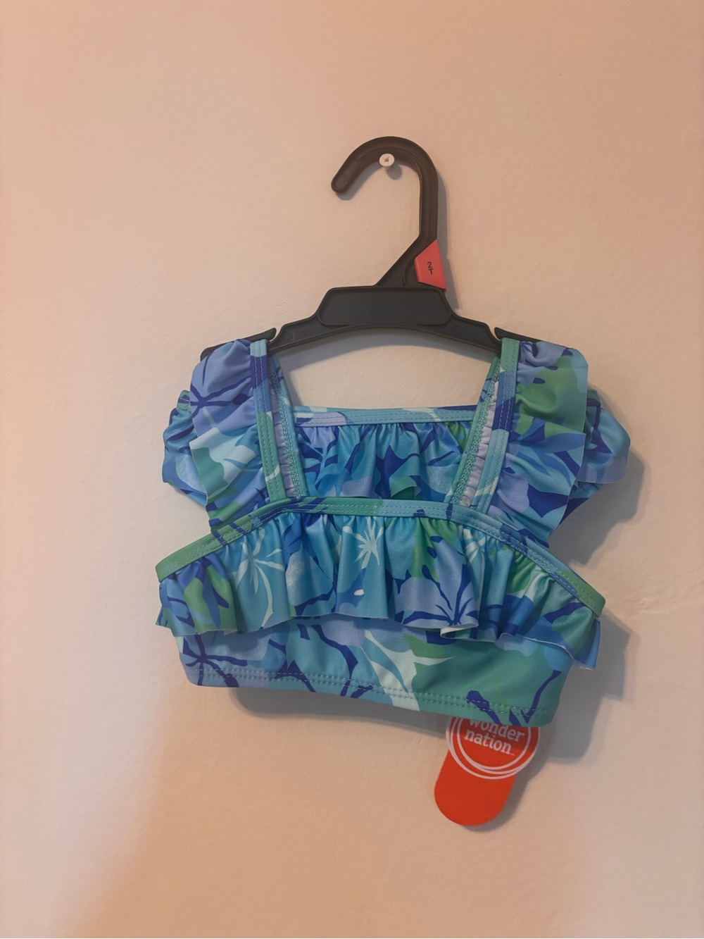 wonder nation Blue & Green Floral Ruffle Swim set 2T